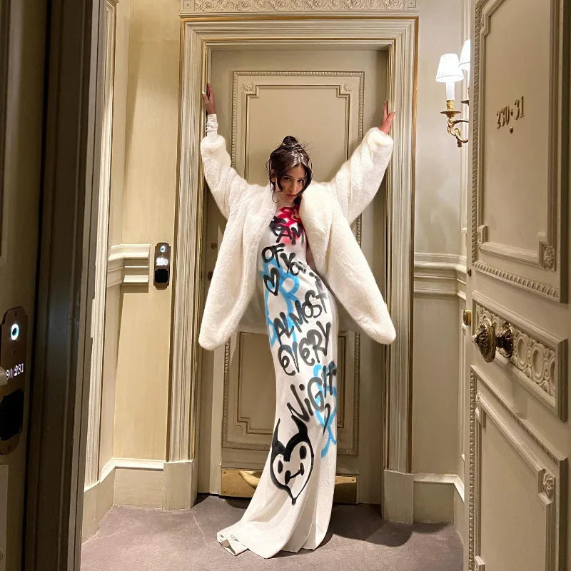 Women's Clothing 2025 New Fashion Fashionable High-neck Color-blocked Graffiti Long-sleeved Hip-hugging Close-fitting Long Dress