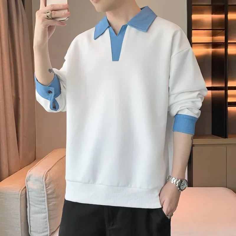 Men's Clothing Sweatshirts for Spring Autumn Two Pieces of Trendy Loose New Style Lapels Handsome Casual Long-sleeved Tops