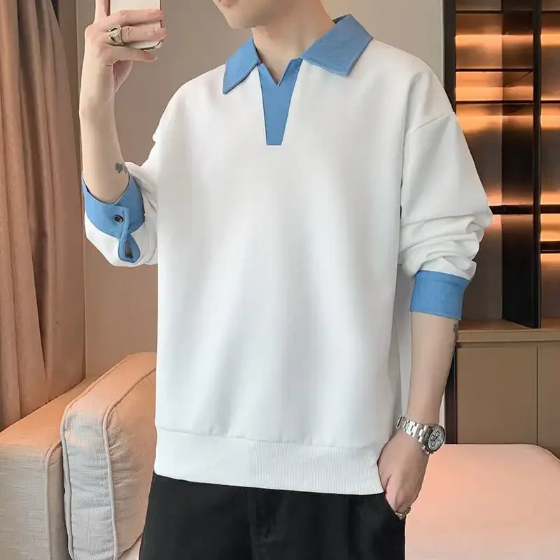 Men's Clothing Sweatshirts for Spring Autumn Two Pieces of Trendy Loose New Style Lapels Handsome Casual Long-sleeved Tops