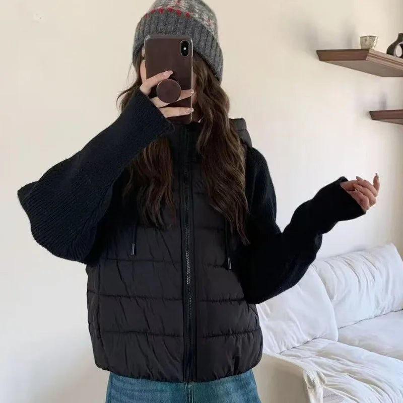 Women's Clothing Knitted Splicing Down Cotton Coat Warm Versatile Short New Winter