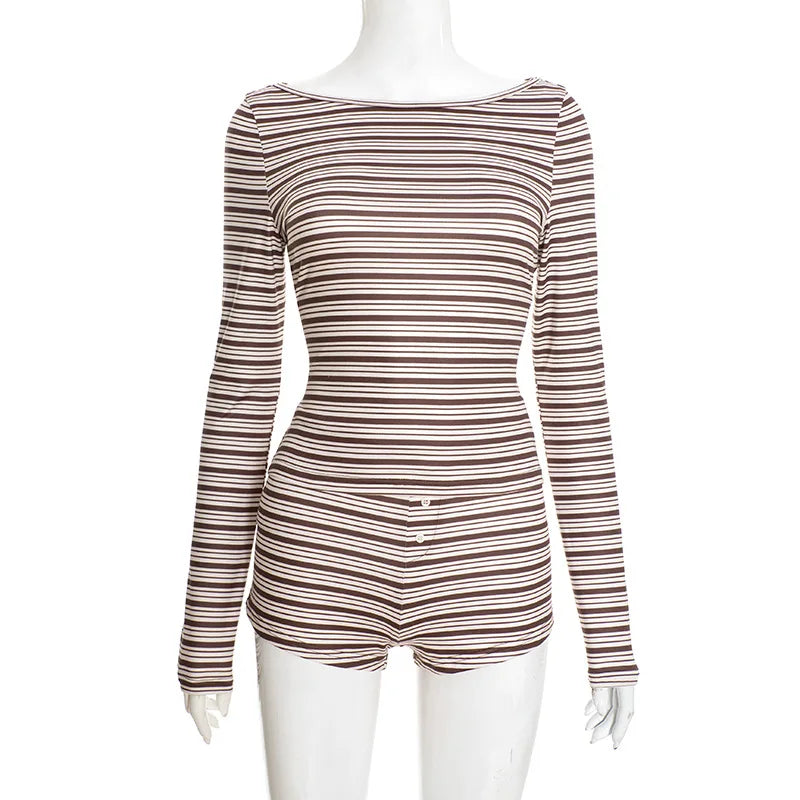 Elegant Striped Long-Sleeve Shorts Set