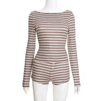Elegant Striped Long-Sleeve Shorts Set