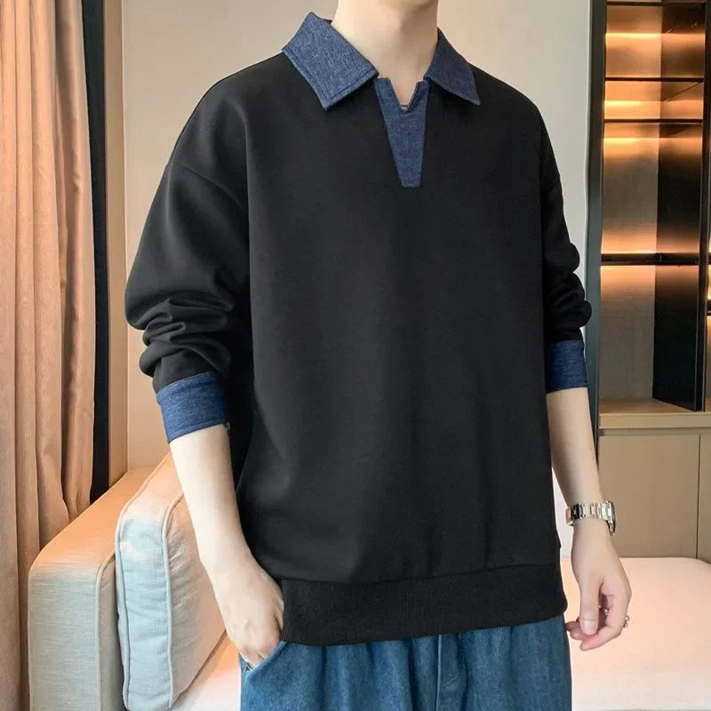 Men's Clothing Sweatshirts for Spring Autumn Two Pieces of Trendy Loose New Style Lapels Handsome Casual Long-sleeved Tops