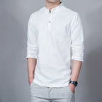 Men's Clothing  Men Spring Tops & Tees Male Fashion T-Shirts Stand Collar Long-sleeved Slim Base Shirt Homme Linen t-shirt