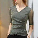 Women's Clothing 2022 Latest Fashion Blouses Elegant Summer T Shirt Free Shiping Elastic Glitter Blouses or Tops for Woman