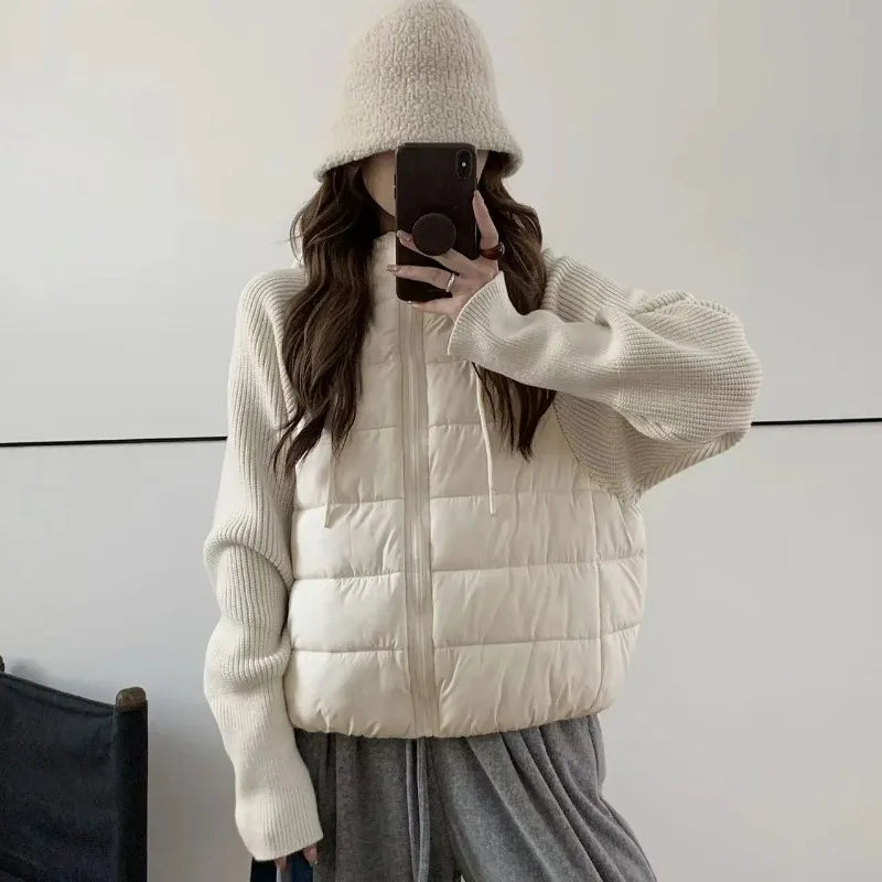 Women's Clothing Knitted Splicing Down Cotton Coat Warm Versatile Short New Winter
