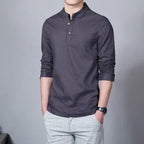Men's Clothing  Men Spring Tops & Tees Male Fashion T-Shirts Stand Collar Long-sleeved Slim Base Shirt Homme Linen t-shirt