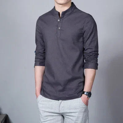 Men's Clothing  Men Spring Tops & Tees Male Fashion T-Shirts Stand Collar Long-sleeved Slim Base Shirt Homme Linen t-shirt