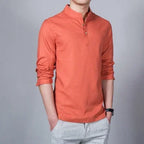 Men's Clothing  Men Spring Tops & Tees Male Fashion T-Shirts Stand Collar Long-sleeved Slim Base Shirt Homme Linen t-shirt