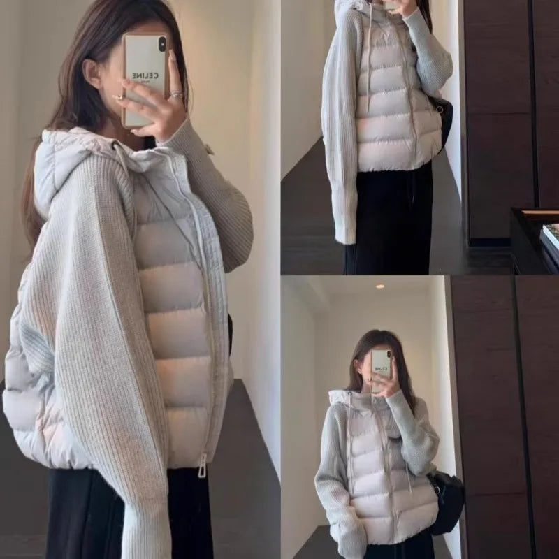 Women's Clothing Knitted Splicing Down Cotton Coat Warm Versatile Short New Winter