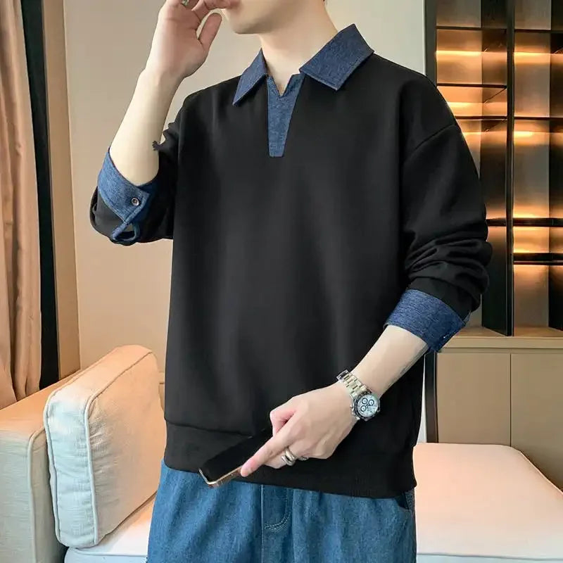 Men's Clothing Sweatshirts for Spring Autumn Two Pieces of Trendy Loose New Style Lapels Handsome Casual Long-sleeved Tops
