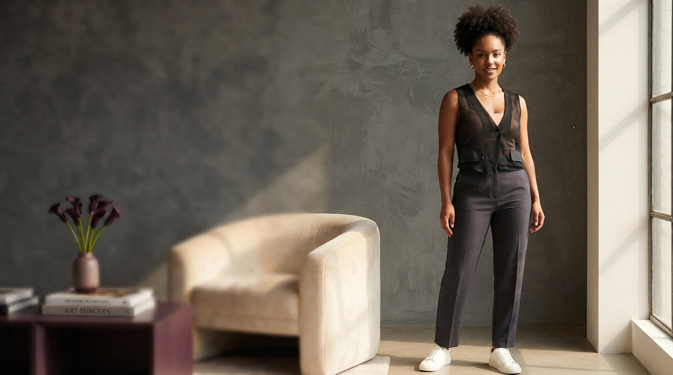 A woman wearing a sheer V-neck crop tank in a bright, modern loft setting with soft, uncluttered space on the left.