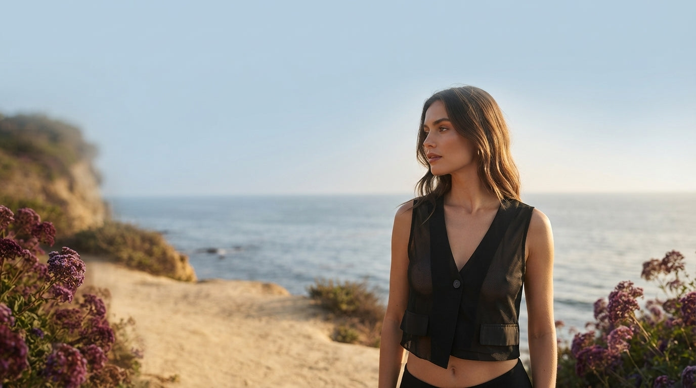 A woman wearing a sheer V-neck crop tank standing on a sunlit coastal cliffside with blurred nature in the background.