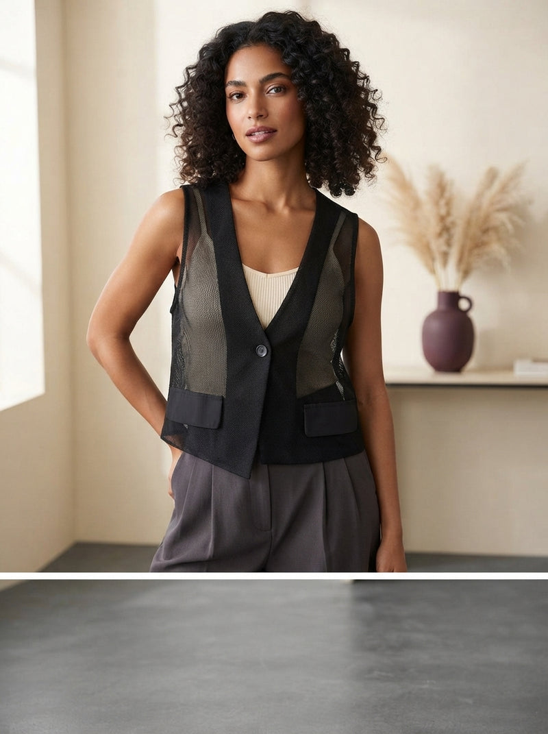 A diverse woman wearing a sheer V-neck crop tank in a bright, minimalist room with a blurred background.