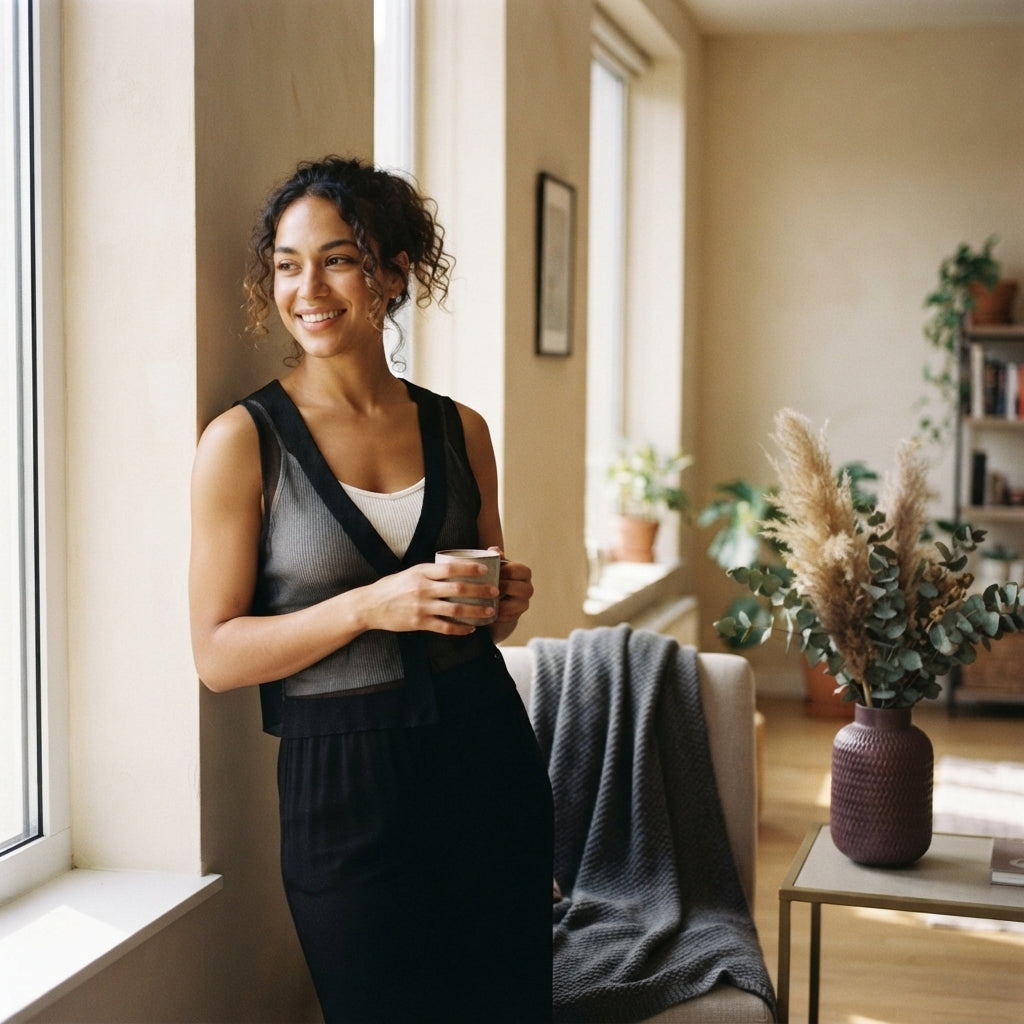 A young woman wearing a sheer V-neck crop tank in a bright, modern apartment setting with natural lighting.